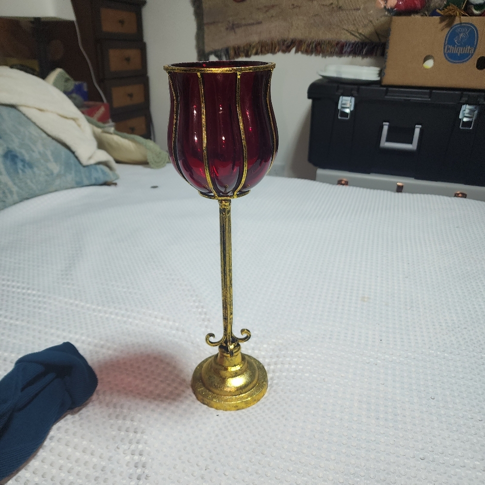 HURRICANE TALL 17" GOLDTONE CANDLESTICK CANDLE OR TEALIGHT HOLDER. HEAVY